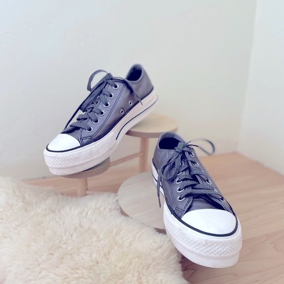 Converse platform All Star leather sneakers gunmetal gray w/ gray shimmer laces - Picture 1 of 11